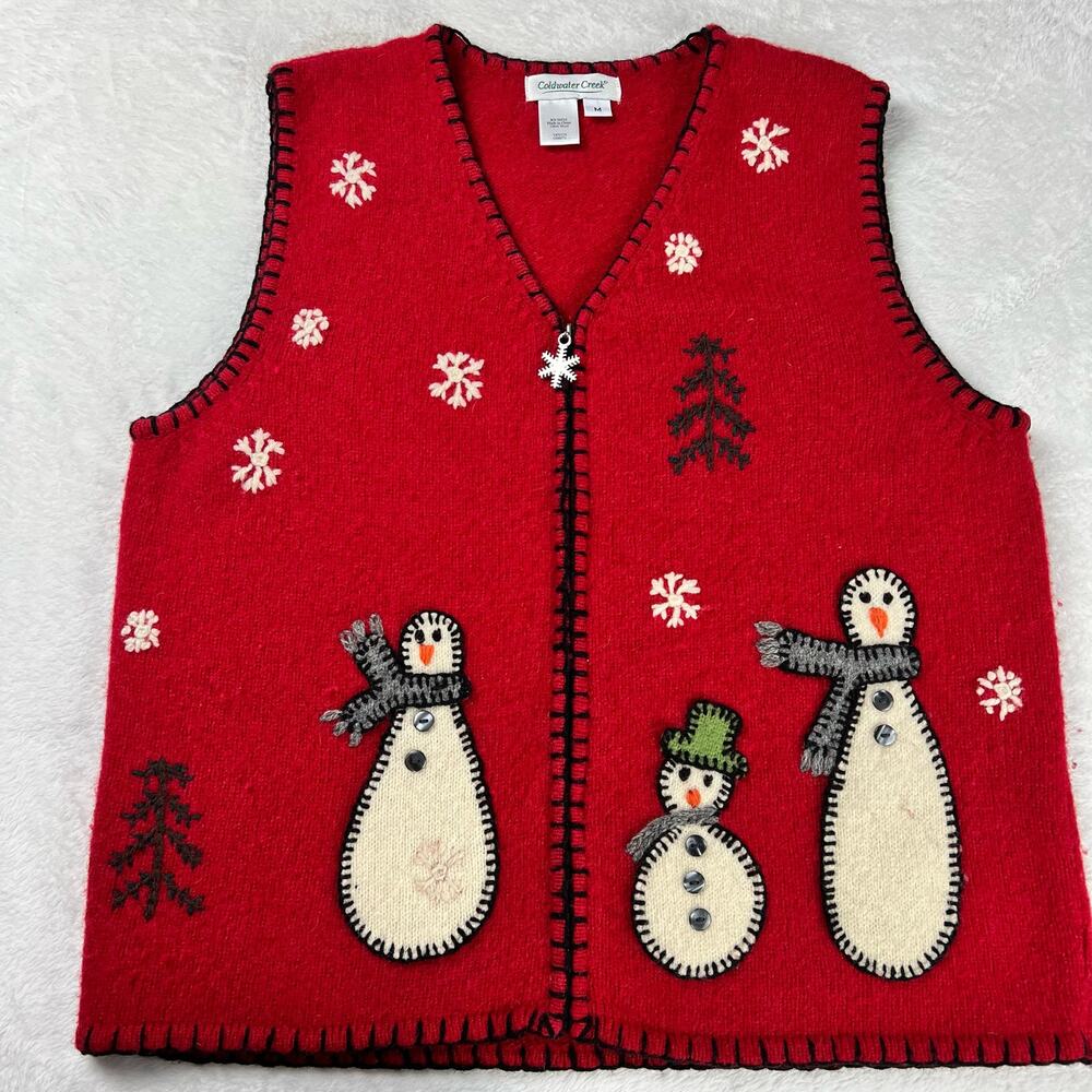 Coldwater Creek women’s winter Snowman Zip-up Wool vest size Medium
